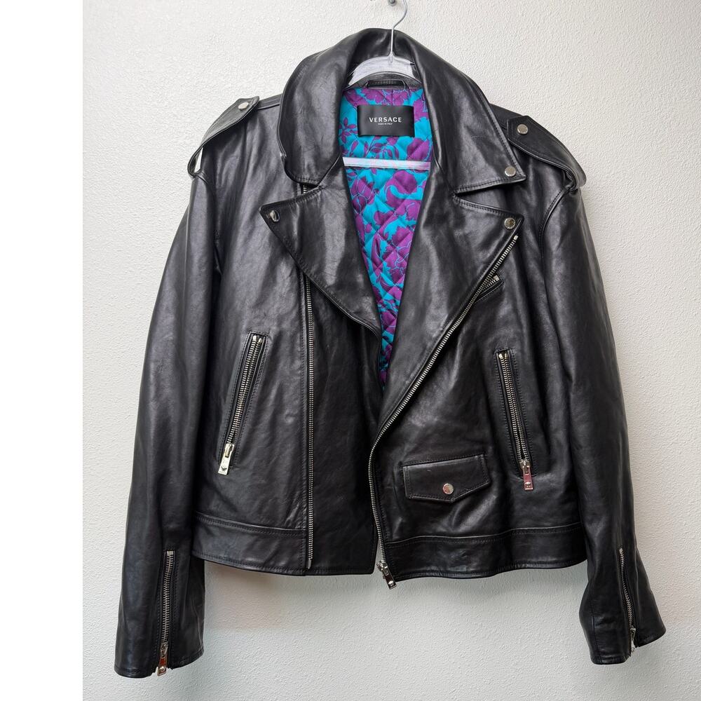 Versace Black Leather Moto Biker Jacket Men L - Picture 2 of 16